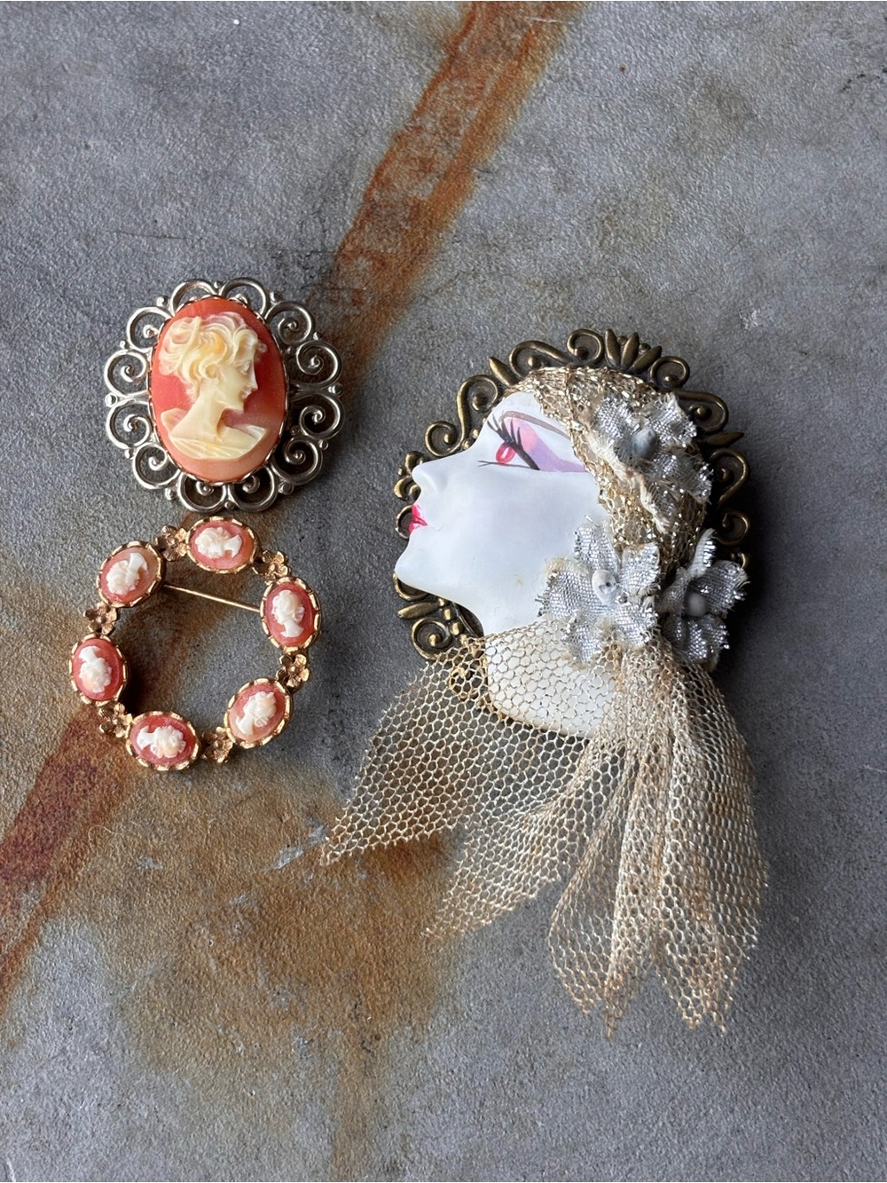 Vintage Victorian Brooch Trio Lot Pink Cameos Art Deco Lady Face Coquette